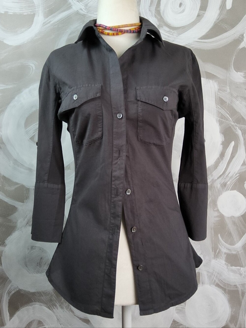 JAMES PERSE Standard Wmns Sz 2 Button Down Cotton Blouse Top 3/4 Slv Drk Gray